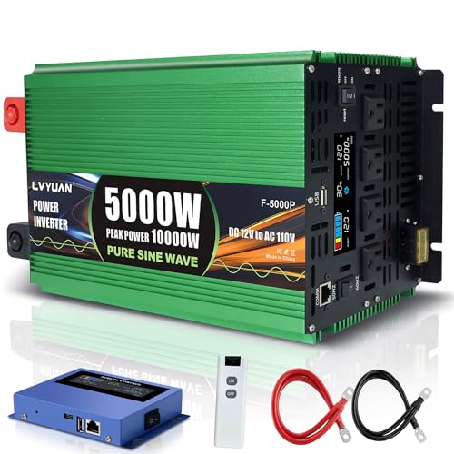 Image of 5000 Watt Pure Sine Wave Power Inverters, DC 12V to 110V Inverter with 0 AWG Battery Cables, Remote & LED Panel Control, 4 AC Outlets, 5V 3.1A USB, 20W Type-C, 10000 W Surge for RV, Truck, Off Grid