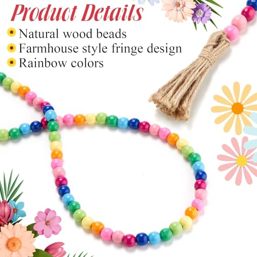 Image of Equsion Wooden Bead Garland with Tassels, Extra Long Fireplace Wood Bead Garlands Rustic Farmhouse Vintage Boho Beads Garland for Party Home Decor Tiered Tray Decorative Beads(Rainbow Color)