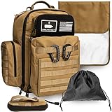 Tan Dad Diaper Bag - Molle-Style Military Diaper Backpack Made of Rugged 900D Waterproof Polyester with Wider Extra-Long Straps, Pouch for Dirty Diapers, Baby Wipes Dispenser & Insulated Pockets