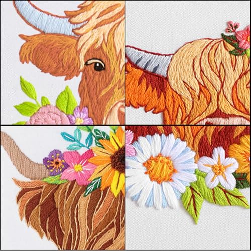 Image of Louise Maelys 3 Sets Embroidery Kits for Beginners,Cross Stitch Kit for Adults,Starters DIY Needlepoint Including Hoop -Highland Cow and Florals Pattern