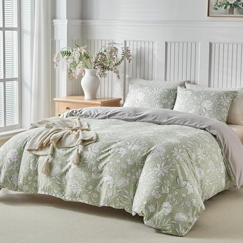 Image of Lekesky Queen Size Duvet Cover Set, Reversible Duvet Cover Queen with White Floral Pattern, Lightweight Soft Microfiber Comforter Cover, 3 Pieces Green Bedding Set with Zipper and 2 Pillowcases
