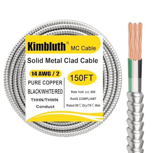 Image of 14 /2 Metal Clad (MC) Cable with Ground 150ft, 14 Gauge Electric Wire with Aluminum Armor, Solid Bare Copper Conductors for Indoor Outdoor Underground Embedded Installation (14 /2, 150 FT)