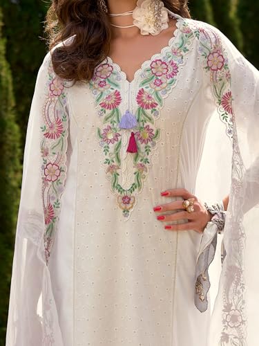 Image of INDO ERA Women's Pure Cotton Floral Embroidered Straight Kurta & Pant with Dupatta Set | Cotton Kurta Set For Woman