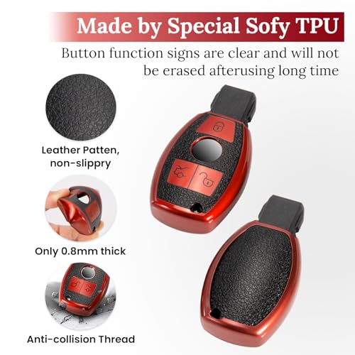 Image of Key Fob Cover for Mercedes Benz, Leather-Style Tab Cover, Red