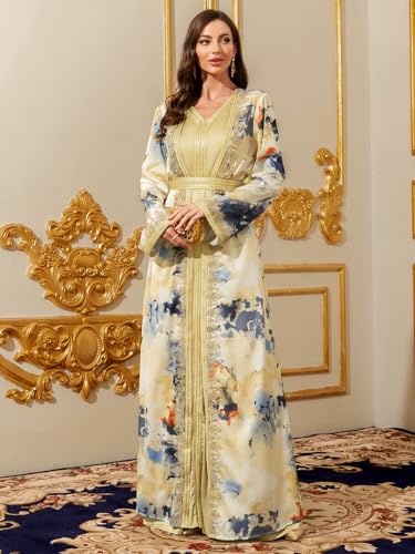 Image of Abaya for Women Floral Embroidered Muslim Dress V-Neck Arabian Maxi Robe