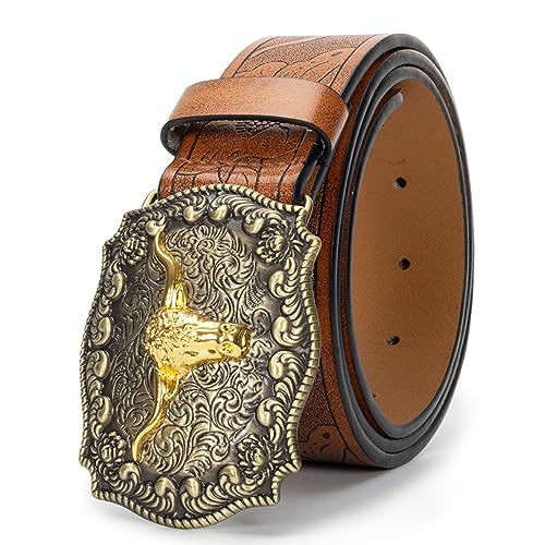 Western-Cowboy-Belts for Men Women Floral-Engraved-Belt with Longhorn-Bull-Head-Belt Buckle Suitable for Waist 29