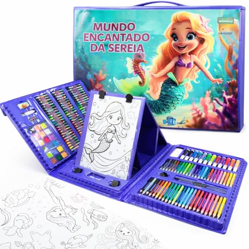 Maleta de Pintura Infantil 208 Itens Sereia Mundo Encantado Desenho Arte