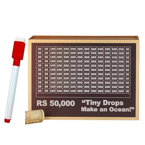 Image of Dr.MASHUR Wooden Money Saving Challenge Box with Printed Amount Board for Cash and Coin Collection, Reusable Saving Box for Kids and Adults (Pen 50k Money Box, 1, Count)
