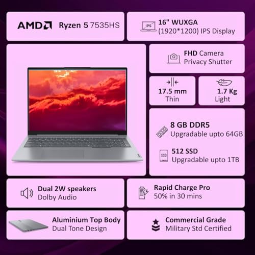 Image of Lenovo ThinkBook 16 AMD Ryzen 5 7535HS (8GB RAM /512GB SSD /DOS /Backlit Keyboard /Fingerprint) 16 inch WUXGA IPS 300 Nits Thin & Light Laptop /1Y Warranty /Aluminium Top /1.7kg, 21MWA0AJIN