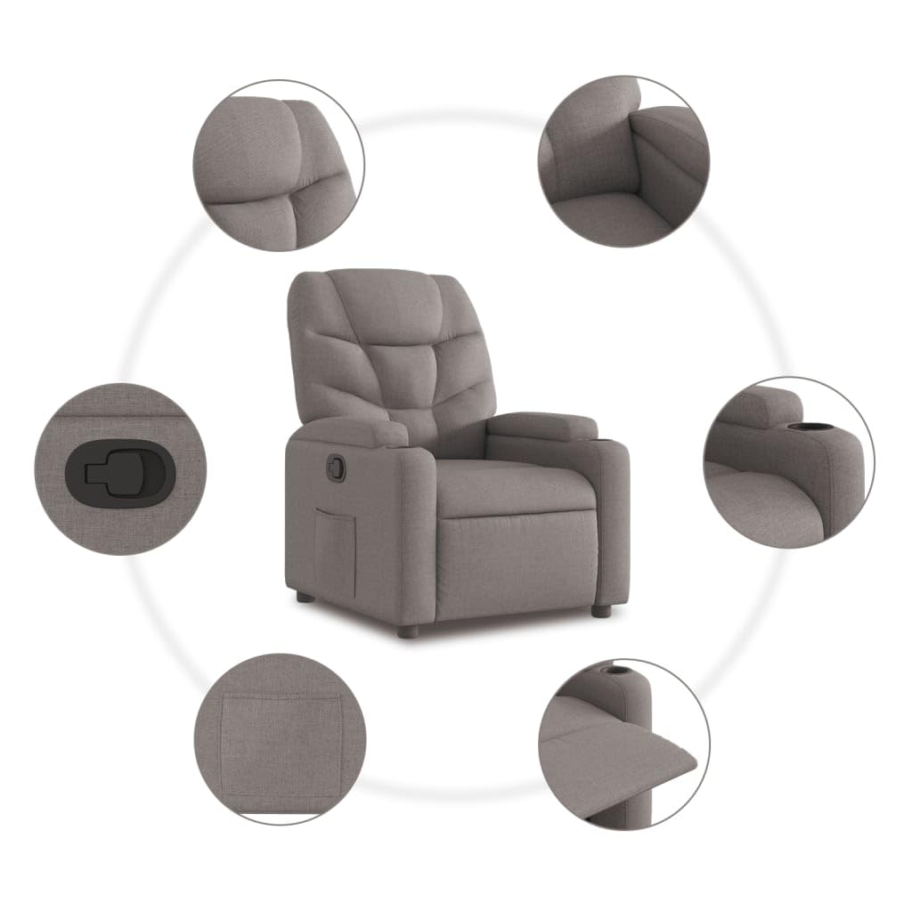 Relaxsessel mit Aufstehhilfe Elektrisch 74x89x100 cm Taupe Stoff Bequemer Lesesessel mit Liegefunktion bis 135 Grad & Getränkehalter für Wohnzimmer Schlafzimmer