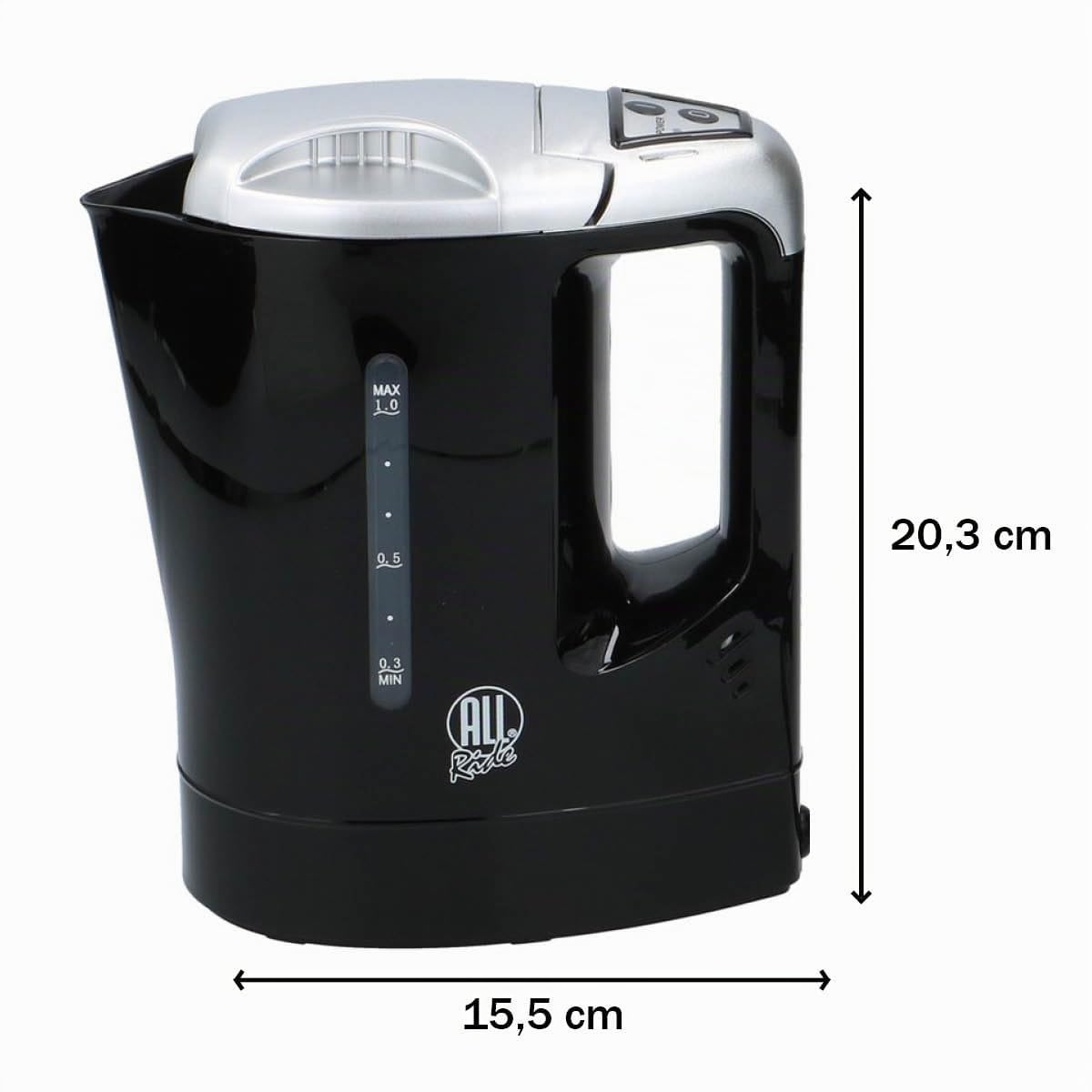 All Ride Bouilloire 12V - Bouilloire de Voyage 0,8L - Connexion à l'Allume-Cigare de la Voiture - Boissons Chaudes en Déplacement - pour Voiture, Camping-Car, Bateau et Camion - Plastique - Noir