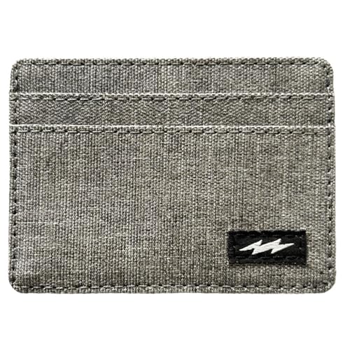 Grey Khadi Fabric Card Holder Wallet, Multiple Card Slots, Central Cash Storage - Minimalist Thunder Patch Design - Slim Small Card wallets for women men - RFID Blocking