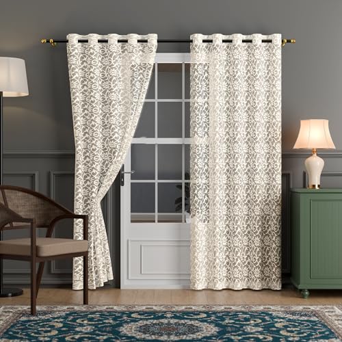 Image of Kuber Industries 2 Pcs Net Cotton 7 Feet Door Curtain Vine Designfor Home Decor | Semi Sheer Grommet Curtains for Living Room /Bedroom | RC317 - Delhi Cream