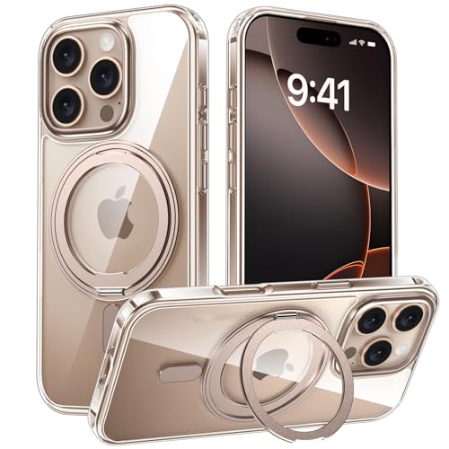 iPhone 16 Pro 用 ケース Magsafe対応 360°回転スタンド アイフォン16プロ カバー リング マグネット搭載 ワイヤレス充電 縦横多角度 対応 Uovon アイホン 16pro スマホケース 車載ホルダー ストラップ穴付き 透明 黄変防止 米軍MIL規格 ・ クリア デザート