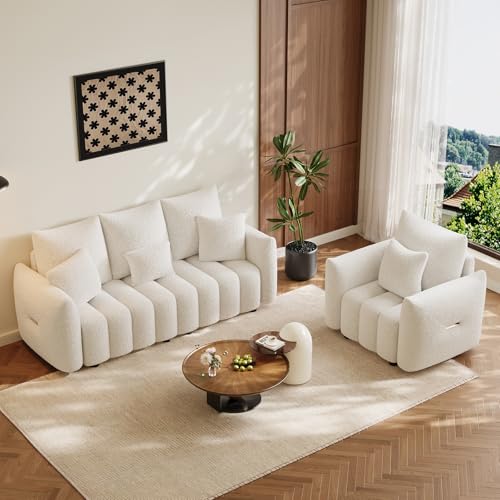 Image of OUYESSIR 2 Pieces Boucle Sofa for Living Room, Modern Deep Seat Sofa Chair & 3-Seater Couch, Oversized Cloud Sofa Couch Set, Comfy Upholstered Teddy Living Room Furniture, Beige White