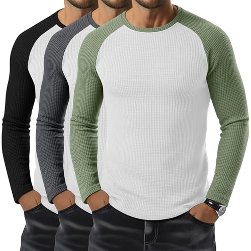 August Alley 3 Pack Men's Waffle Long Sleeve Baseball Shirts Blend Raglan Tops Casual Jersey Color Vintage Sport Tees(Black/White, Dark Gray/White, Army Green/White,Large)