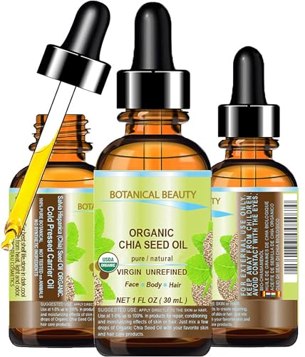 Botanical Beauty Organic CHIA SEED OIL 100% Pure Natural Virgin Unrefined Cold-Pressed Carrier Oil 1 Fl oz 30 ml for Face, Skin, Body, Hair, Lip, Nails. Rich in Vitamin E