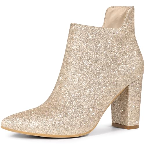 Allegra K Women's Glitter Pointed Toe Cutout Block Heel Ankle Booties