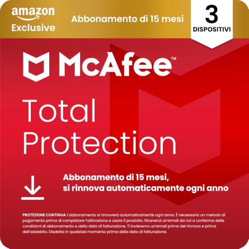 McAfee Total Protection - 3 Dispositiv 2026, 15 mesi, Esclusiva Amazon | Antivirus, VPN gestore delle password, software di sicurezza| Abbonamento con rinnovo automatico, Scarica