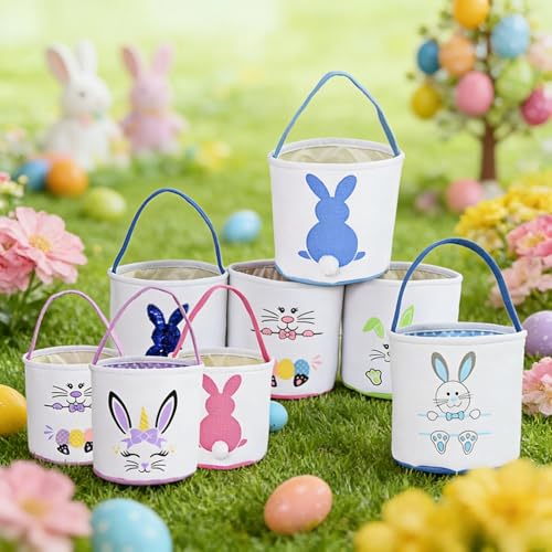 Image of Easter Bunny Basket Bag for Kids, Canvas Cotton Egg Hunt Tote with Rabbit Print, Bunny Gift Bag for Boys and Girls, Lightweight Reusable Candy and Egg Holder, Multiple Colors (Easter Bunny Basket - Pink)