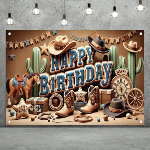 Image of Western Cowboy Happy Birthday Banner Backdrop Rustic Wild West House Barn Photo Banner Party Decorations Boots Hat Cactus Horse Rope Photo Background Props 71 x 43 inch