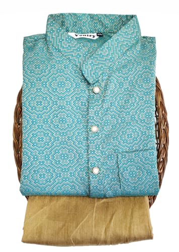 Image of Men Regular Full Sleeve Silk Cotton Kurta with Golden Pajama Set (XL, Sea Green)