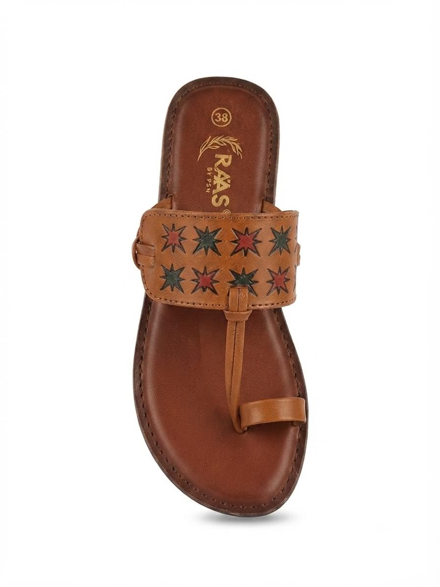 RAAS Women's Genuine Leather Kolhapuri Flat Sandals | Handpainted Multicolor Star Print Toe-Ring Slip-On Chappal | Traditional Maharashtrian Ethnic Footwear for Daily & ethnic wear | Tan-picture-31