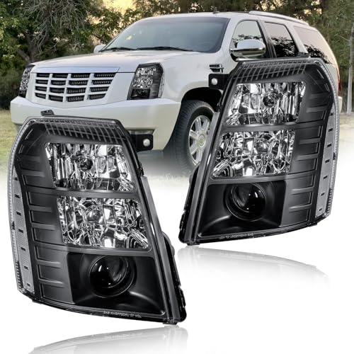 DimFlux for 2007-2014 Cadillac Escalade ESV EXT Headlights Assembly w/Projector High Low Beam Driver Passenger Side Pair Replacements Black Housing Clear Reflector