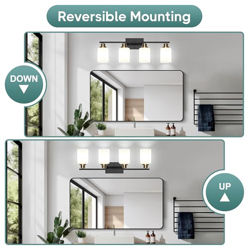 Image of Ascher Bathroom Light Fixtures, 4-Light Vanity Light Over Mirror, Black and Gold Wall Sconces with Milky White Frosted Glass Shades, Wall Lamp for Living Room Bedroom, E26 Base(Bulbs Not Included)