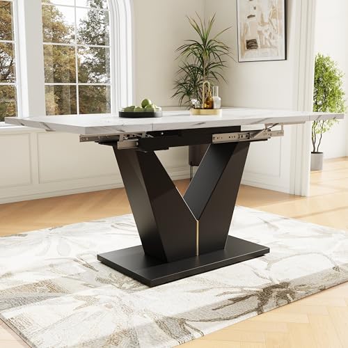 Crlnaup Mesa de comedor telescópica (99-159 x 75 cm), extensible, ahorra espacio, amplia superficie de trabajo, diseño flexible, adecuada para oficina en casa y salón, mesa blanca con forma de V