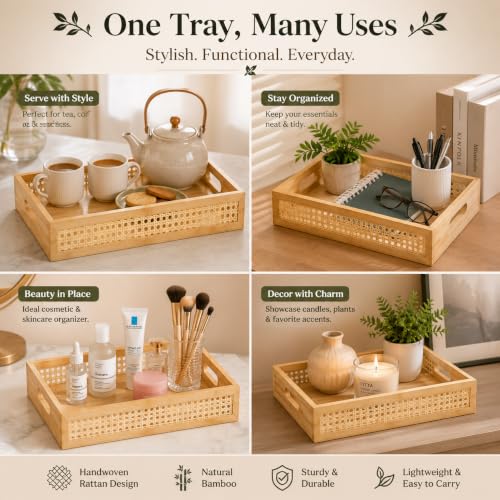 Image of Curated Cart Bamboo Serving Tray with Cut-Out Handles - Rattan Cane Woven Base - Eco-Friendly Rustic Tray for Coffee Table, Breakfast (Tray -Rectangle-3P-S,M,L)