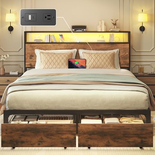 Lifezone Queen Bed Frame With 2-Tier Storage Headboard Retro Brown