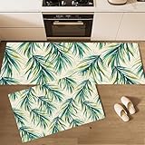Juego de 2 Alfombras de Cocina Patrón De Hoja De Palma, Alfombras Lavables Antideslizantes Paisaje Tropical Alfombrilla Absorbente para Pasillo, Comedor y Entrada, 43x75cm+43x150cm Verde Esmeralda