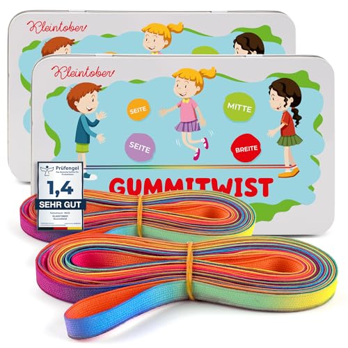 Kleintober 2er Set Gummitwist Kinder I Zwei Hüpfgummis Twister I Indoor und Outdoor Spielzeug I Regenbogen Band mit Anleitung für Spiele I für Mädchen & Jungs I