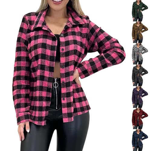 Womens Flannel Shacket Plaid Button Down Long Sleeve Shirts Jacket Fall Outfits Collared Casual Loose Fit Tops