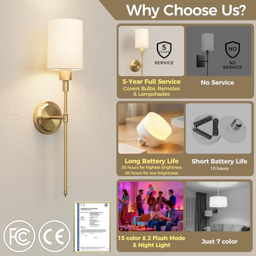 Image of DORESshop Battery Operated Wall Sconce Set of 2, Wireless Wall Light Easy to Install, 7 Color Rechargeable Wall Sconces, Sconce Wall Decor Set of 2 for Bedroom, Living Room, Gold, 24.3in