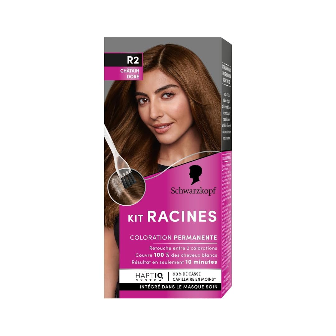 Shwarzkopf - Kit Racines - Coloration Racines Cheveux Permanente - Enrichie d’une huile nourrissante - Couverture Cheveux Blancs - Retouche entre 2 Colorations - Châtain Doré R2 - Lot de 4