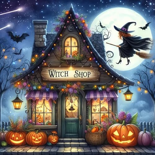 VIGEGU Halloween Diamond Art Kits for Adults Beginners Witch Store Diamond Painting Kits for Adults 5D Full Drill DIY Diamond Dot Gem Art Kit Wall Home Decor Arts Craft 14x14 inch