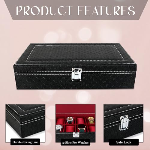 LEDO Men's and Women's Watch Box Holder Organizer Case In 12 Slots of watches In PU Leather Royal Black & Cherry color with Chain Pocket - Image 6