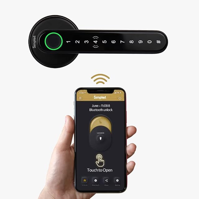 Simpled LeverLine Smart Lock, Fingerprint Keyless Security Entry Door Lock, Bluetooth Electronic Deadbolt, Touch Keypad, Smartphone Access (Dark)