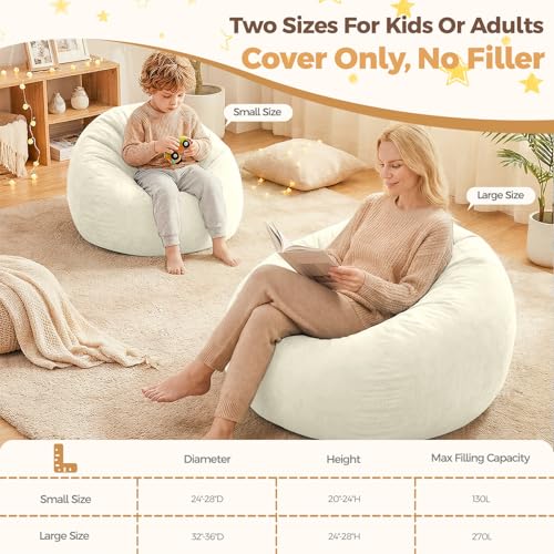Image of Stuffed Animal Storage Bean Bag Chair Cover for Kids (No Filler), Soft Comfy Velvet Beanbag Chair Cover Machine Washable, Kids Bean Bag Chair with Handle for Living Room Bedroom Dorm, White