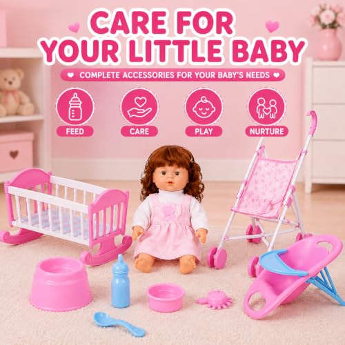 Image of Baby Doll Care Set for Girls with Doll Stroller, Rocking Cradle, Feeding Chair, Baby Bottle, Potty & Accessories | Pretend Play Toy Set for Kids Age 3+