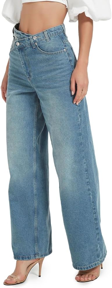 Women's Chic Loose Wide-Leg Denim Jeans High Waist Casual Jeans, Asymmetrical Style (US, Alpha, Small, Regular, Regular, Blue) - Image 3