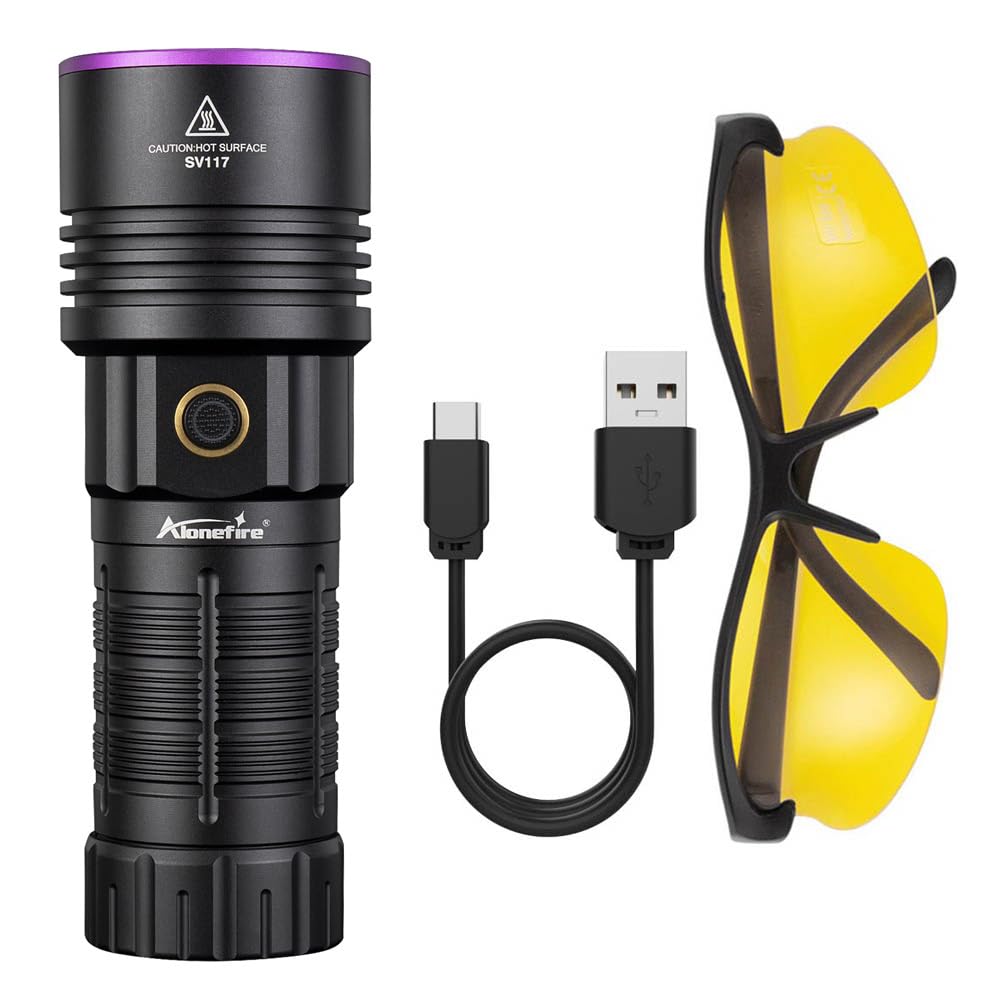 Alonefire SV117 70W Lampe Torche UV LED 365nm Puissante USB C Rechargeable Lumiere Noire Affichage Numérique pour Resine, Pêche, Scorpion, Minéraux, Ambre avec Lunettes de Protection UV, Batterie