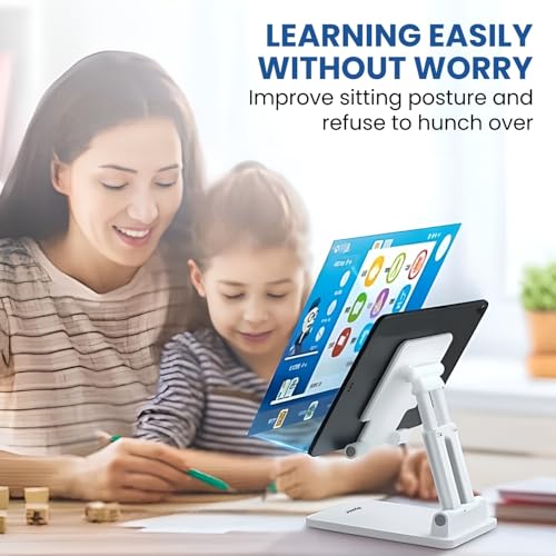 Image of Dyazo Adjustable Mobile Phone Stand | Multiple Height & Angle Adjustable Desk Holder | Portable, Foldable and Durable Base | Compatible with All 4″-10″ Smartphones & Tablets - White