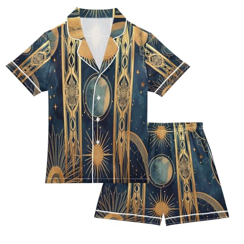 senya Divination Star Satin Summer Pajama Sets Silk Short Sleeve Button Down Sleepwear