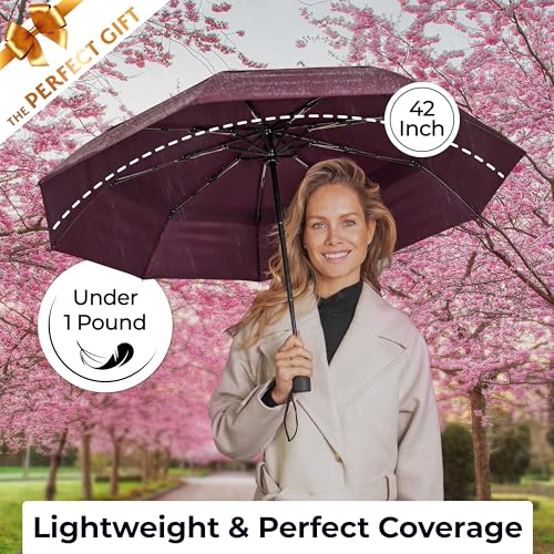 Image of TUMELLA Strongest Windproof Travel Umbrella (Compact, 100MPH Wind-Tested), Light, Portable, One-Handed Use, Automatic Folding Rain Umbrella, Durable, Premium Grip, Fits Car & Backpack