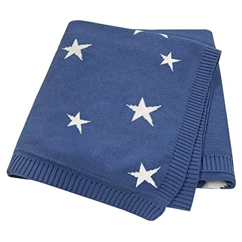 Pinuotu Knit Baby Blanket, 100% Organic Cotton Baby Blankets Neutral Cable Knitted Soft Toddler Blankets for Girls Boys Blue Star 40’’x31’’ Cover