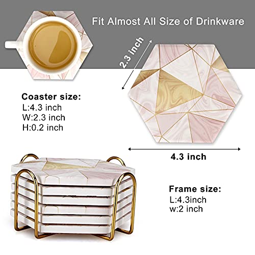 Image of 6 Pcs Pink Marble Coasters with Holder Gold Absorbent Drink Coasters Beverage Coasters Cute Ceramic Table Coaster Set Decorative Bar Coasters Modern Coffee Table Cup Coasters