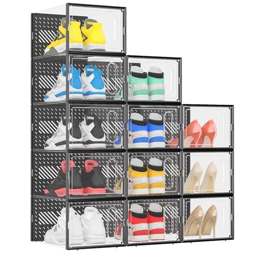 eWonLife X-Large Shoe Boxes with Magnetic Door, 12-Pack Stackable Shoes Storage Organizer for Closet, Clear Plastic Sneaker Container Shoe Rack for Size 12, Black